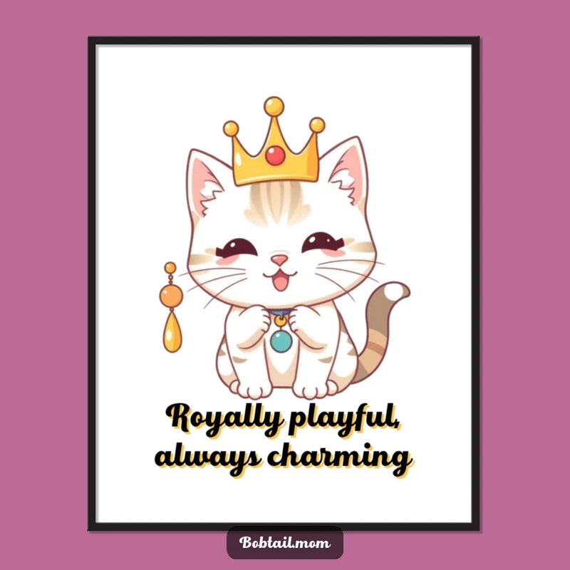 Free Printable Royal Cat Wall Art: Playful Crown Bobtail Funny Downloadable Home Decor
