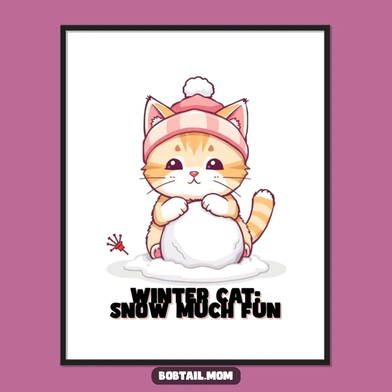 Free Printable Wall Art: Snowy Bobtail Cat Building Snowball - Humorous Winter Art