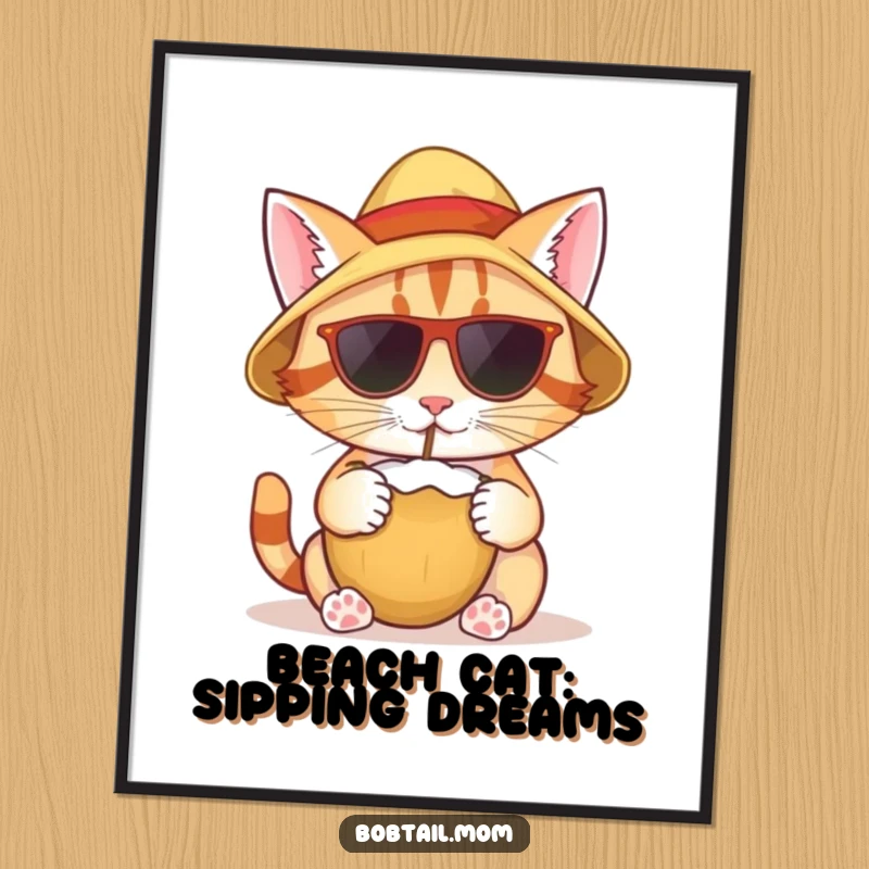 Funny Free Printable wall art of a bobtail cat wearing a sun hat, enjoying a coconut drink in a tropical setting.