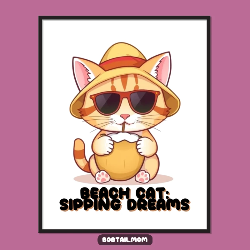 Free Printable Wall Art: Tropical Bobtail Cat With Sun Hat - Coconut Drink - Humorous Art