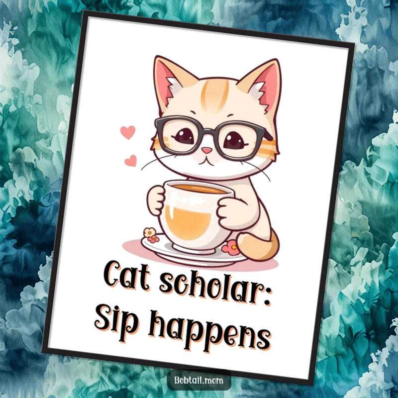 Funny Free Printable wall art of a bobtail cat wearing reading glasses, holding a teacup, looking intellectual and serene.