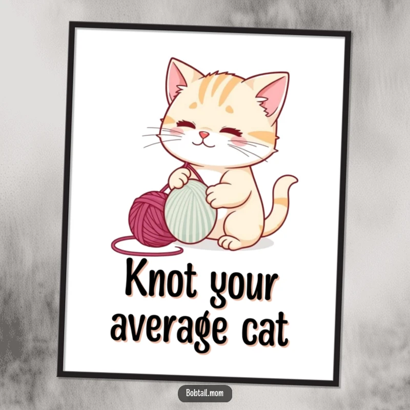 Funny Free Printable Wall Art: A whimsical bobtail cat caught mid-play, batting a colorful yarn ball.