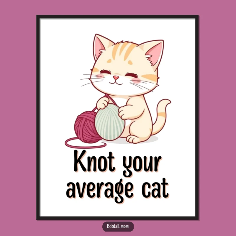 Funny Bobtail Cat Wall Art Free Printable: Playful Yarn Batting Downloadable Decor