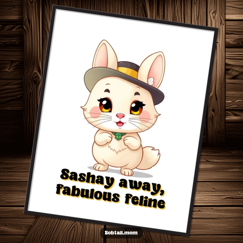 Funny Free Printable Wall Art: A Bobtail wearing a fancy hat, striking a hilariously sassy and confident pose, ready for display.