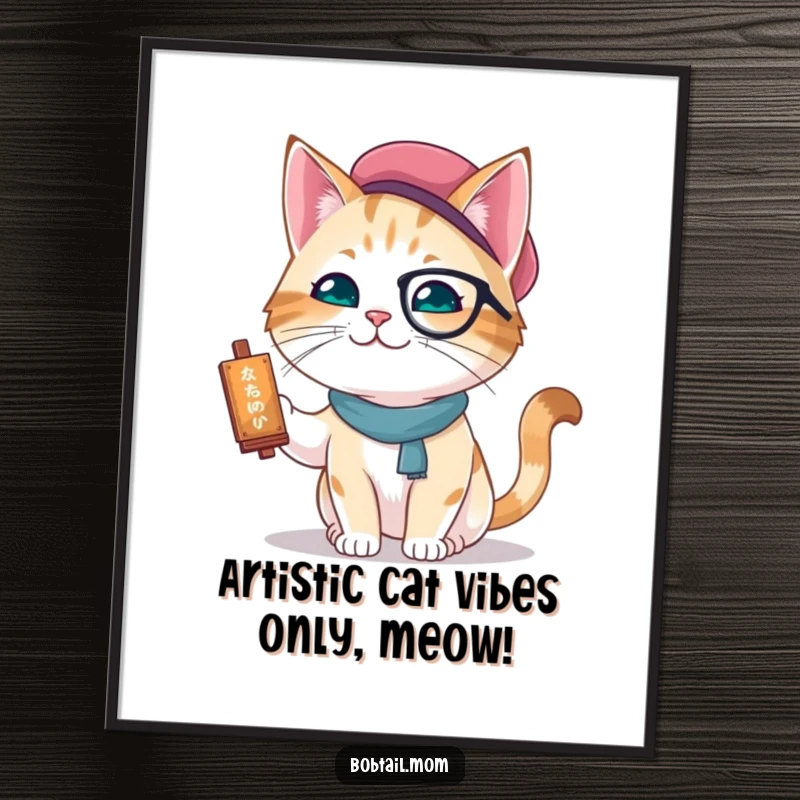 Funny Free Printable Wall Art: A happy bobtail cat wearing a beret focused on painting a colorful canvas.