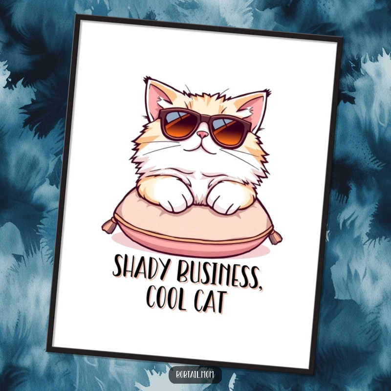 Funny Free Printable Wall Art: A fluffy Bobtail cat wearing oversized sunglasses lounging on a tiny cushion, the epitome of cool.