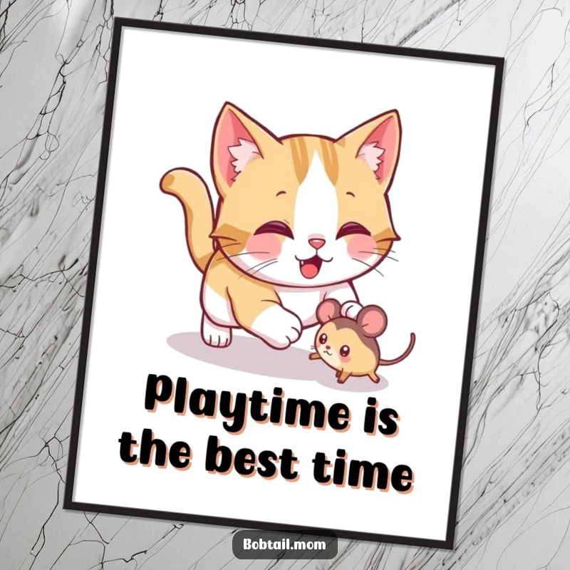 Funny Free Printable Wall Art: A jolly Bobtail cat caught mid-pounce, energetically chasing a toy mouse.