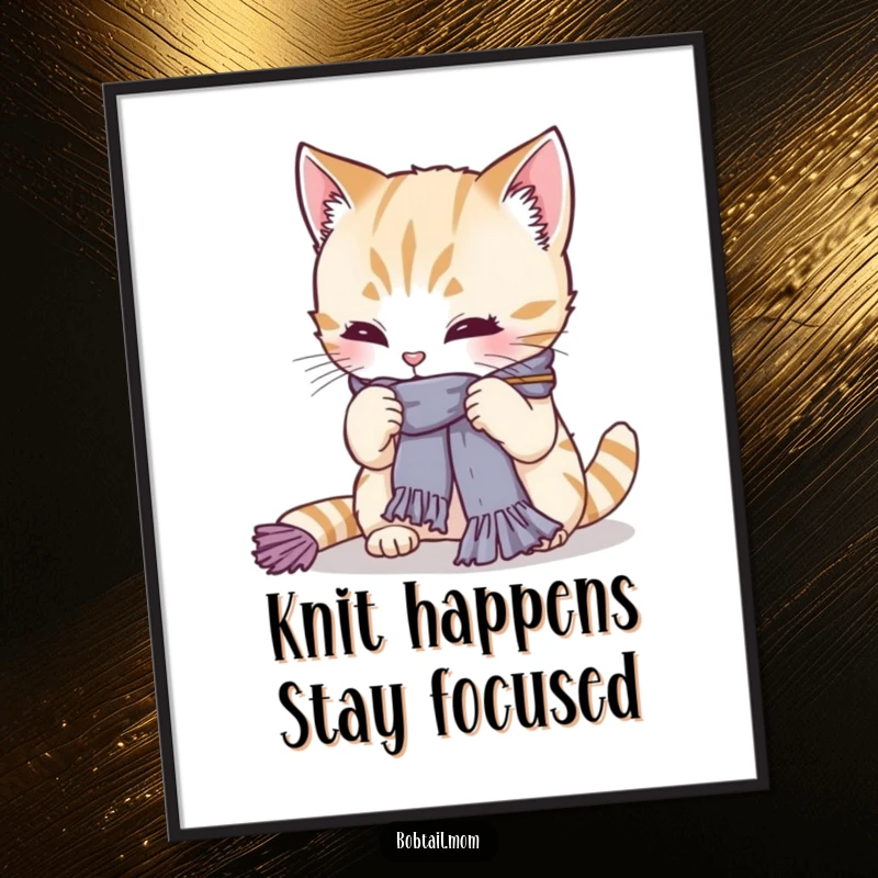 Funny Free Printable wall art: A Bobtail cat intensely focused on knitting a very small scarf.