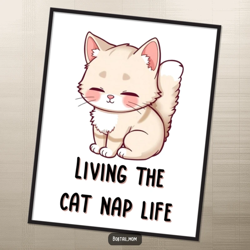 Funny Free Printable Wall Art: A fluffy-tailed Bobtail cat contentedly curled up, radiating peace and humor.