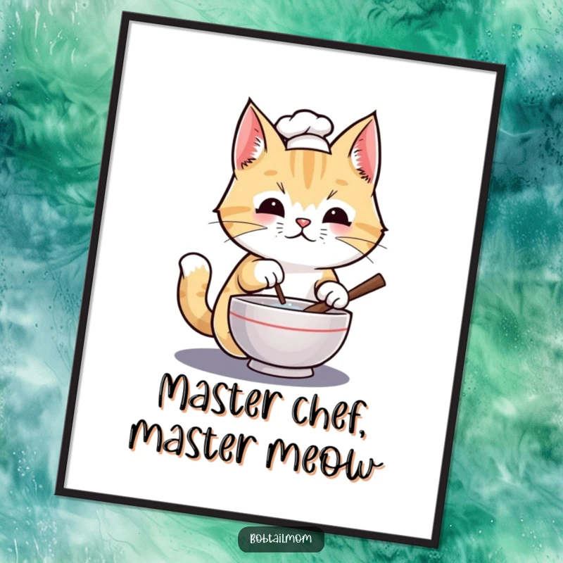 Funny Free Printable Wall Art: Chef Bobtail cat in tiny hat stirring a miniature bowl, looking focused on culinary creations.