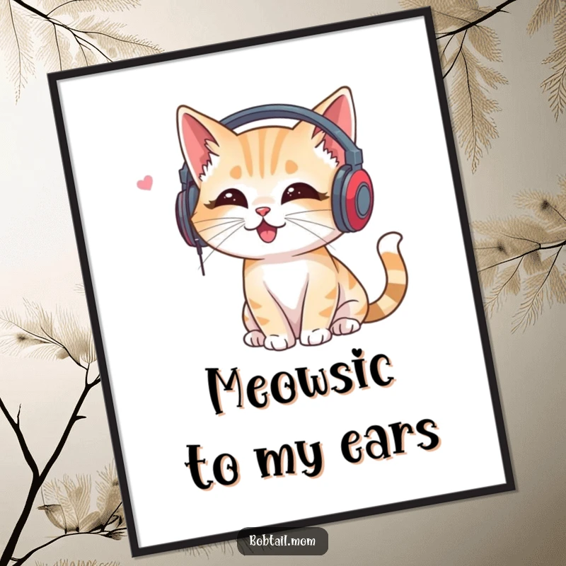Funny Free Printable Music Cat Wall Art: A Bobtail cat with elegant headphones, lost in joyful music listening, adding cool vibes.