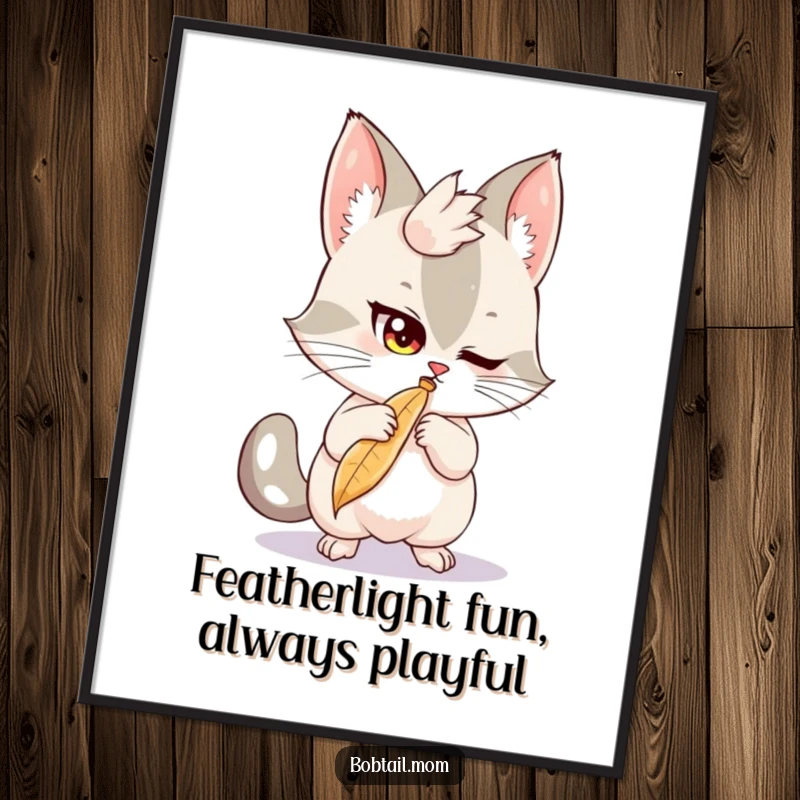 Funny Free Printable Wall Art: A Bobtail with a mischievous twinkle, playfully batting at a dangling feather, full of fun.