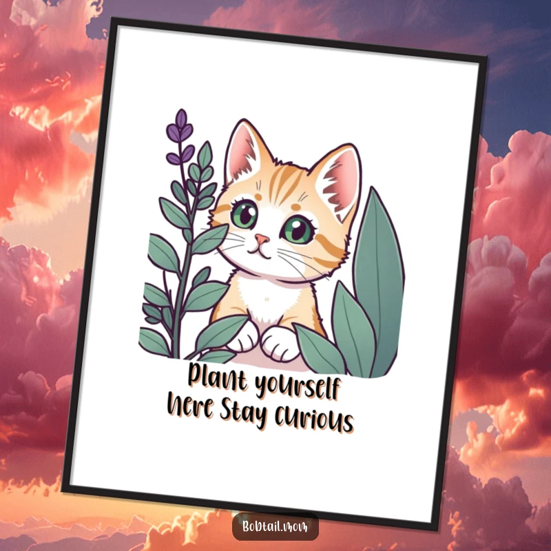 Funny Free Printable Wall Art: Curious Bobtail cat with wide eyes peeking from behind a plant, adding playful charm.
