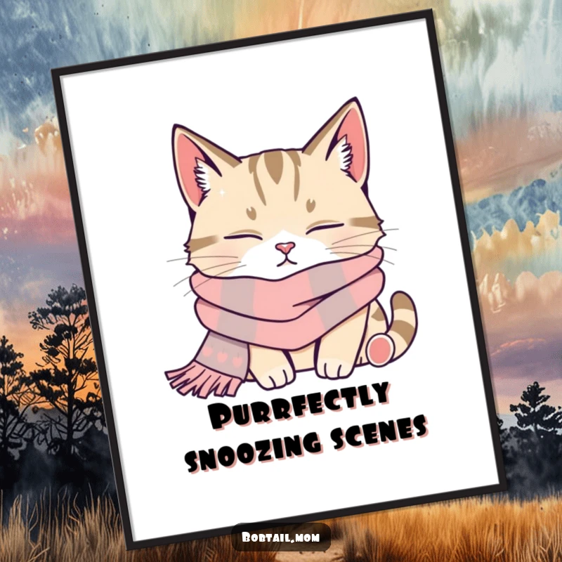 Funny Free Printable Wall Art: A content bobtail cat wearing a scarf, deeply asleep in a comfortable pose.