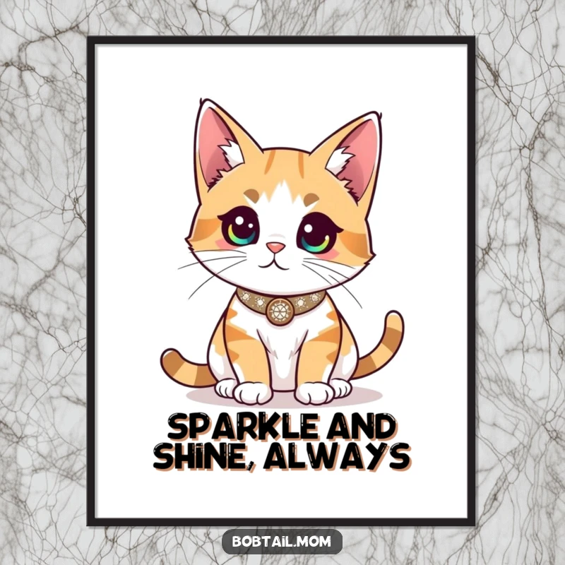Funny Free Printable Wall Art: Bobtail cat wearing a sparkly collar, surveying the room with an air of importance, adding humorous elegance to decor.