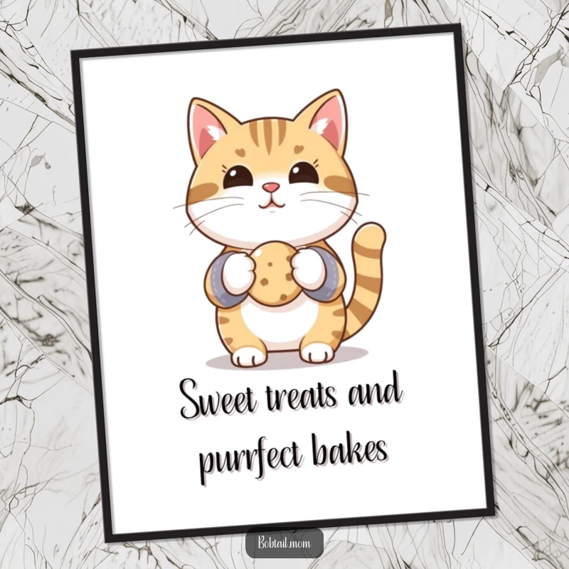 Funny Free Printable Wall Art: Bobtail cat wearing oven mitts, proudly holding a tiny cookie, bringing a humorous baking theme to your decor.