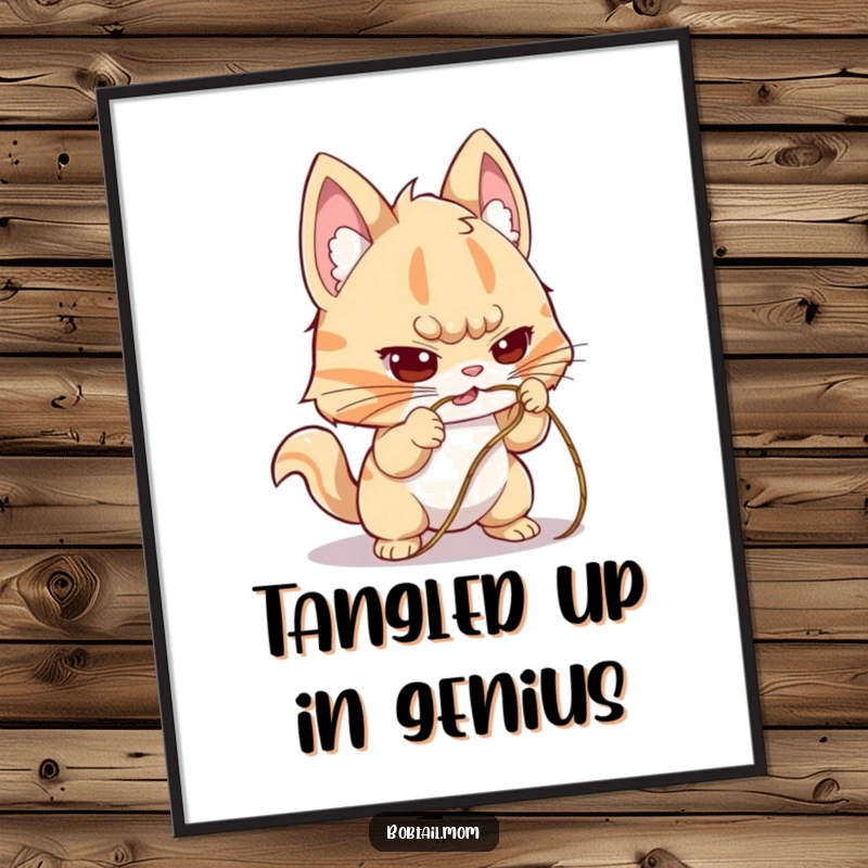 Funny Free Printable Wall Art: A Bobtail cat with a determined look tackles the challenge of untangling a knotted string.