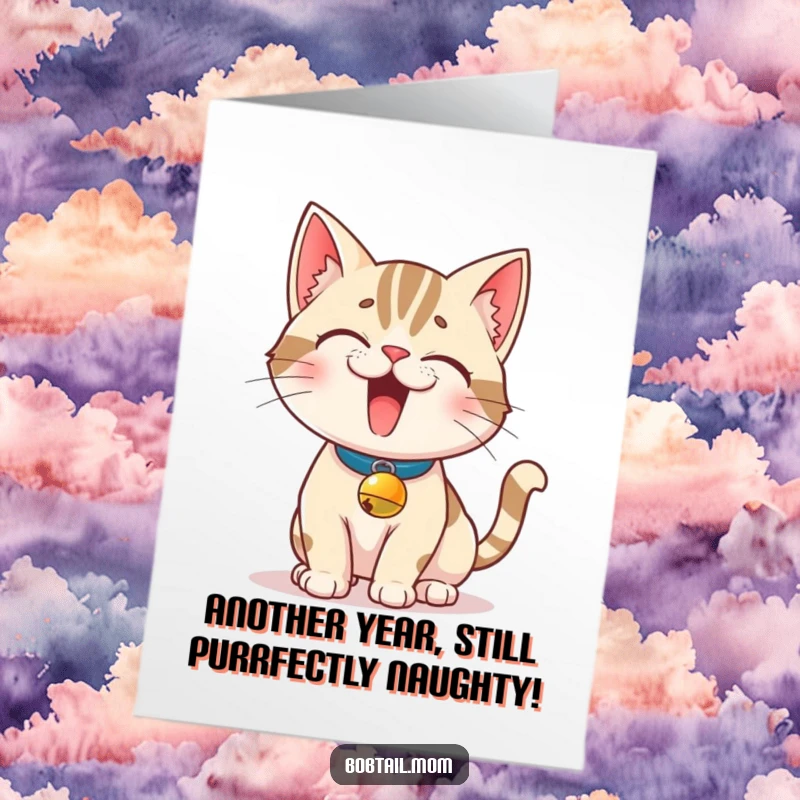 Funny Free Printable Birthday Card: Bobtail cat in bell collar strikes a mischievous pose, ready for birthday fun.