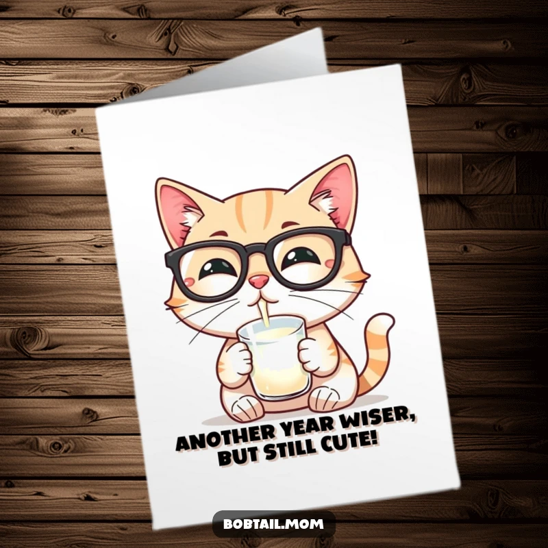 Funny Free Printable Birthday Card: A Bobtail cat wearing reading glasses sips milk, looking studious and content.