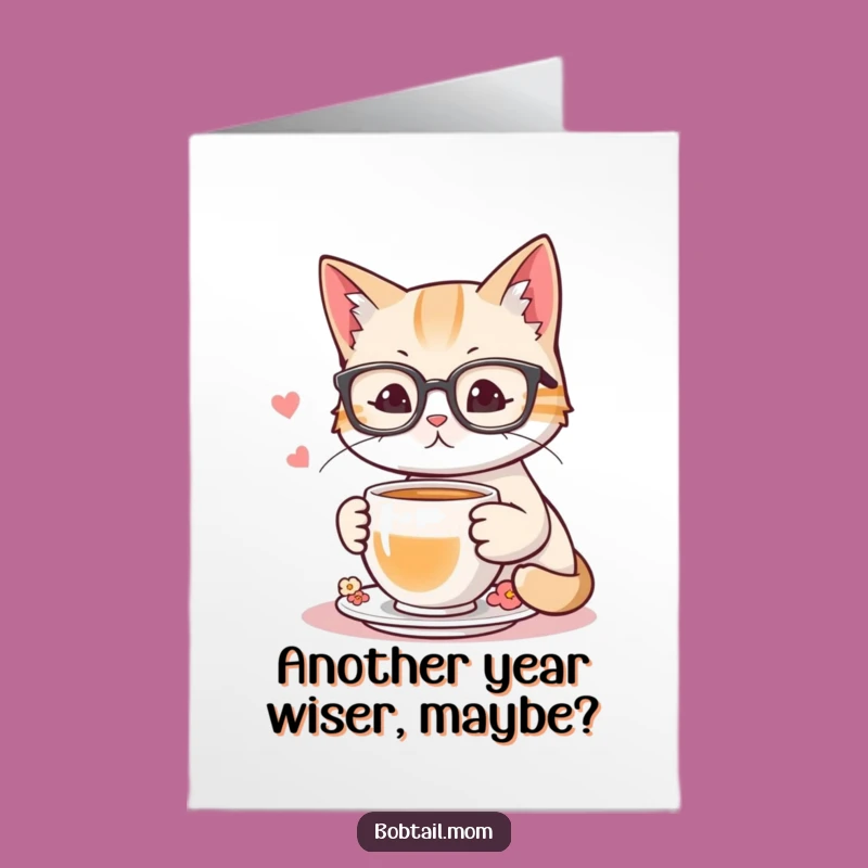 Free Printable Birthday Card: Wise Bobtail Cat With Glasses Sipping Tea - Funny Gift
