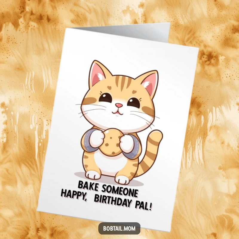 Funny Free Printable Birthday Card: Bobtail cat wearing oven mitts, holding a tiny cookie, ready to bake up some birthday cheer, downloadable.