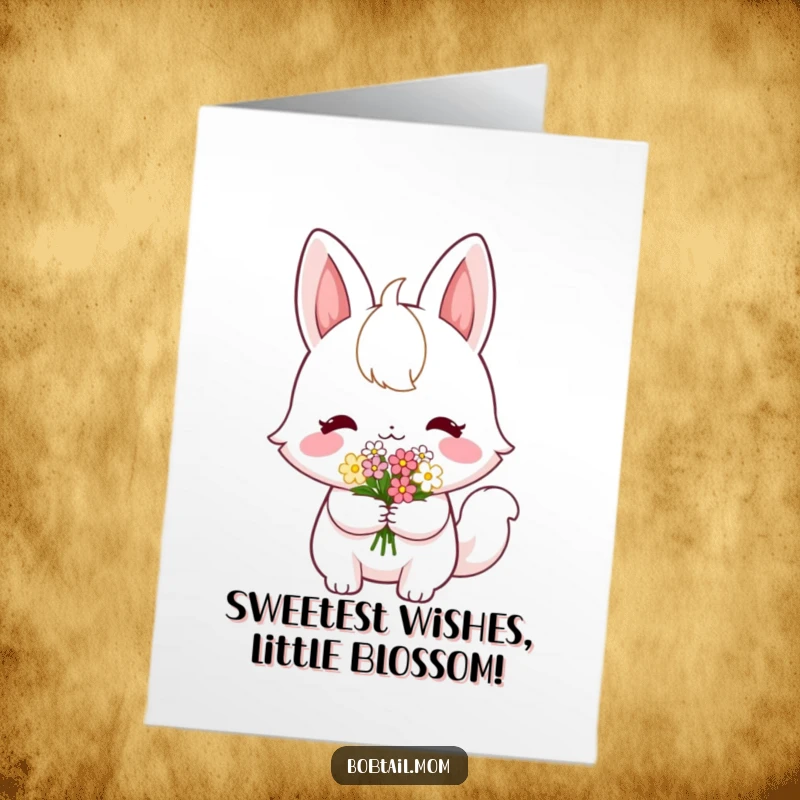 Funny Free Printable Birthday Card: A Bobtail with a shy smile, offering a small, sweet bouquet of flowers.
