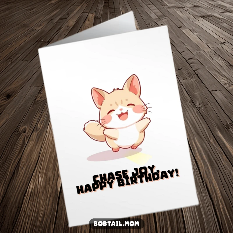 Funny Free Printable Birthday Card: A Bobtail joyfully leaping and chasing a bright sunbeam across the floor.