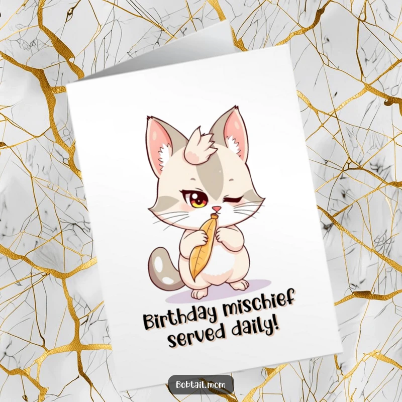 Funny Free Printable Birthday Card: A Bobtail with a mischievous glint, playfully batting at a dangling feather, ready for fun.