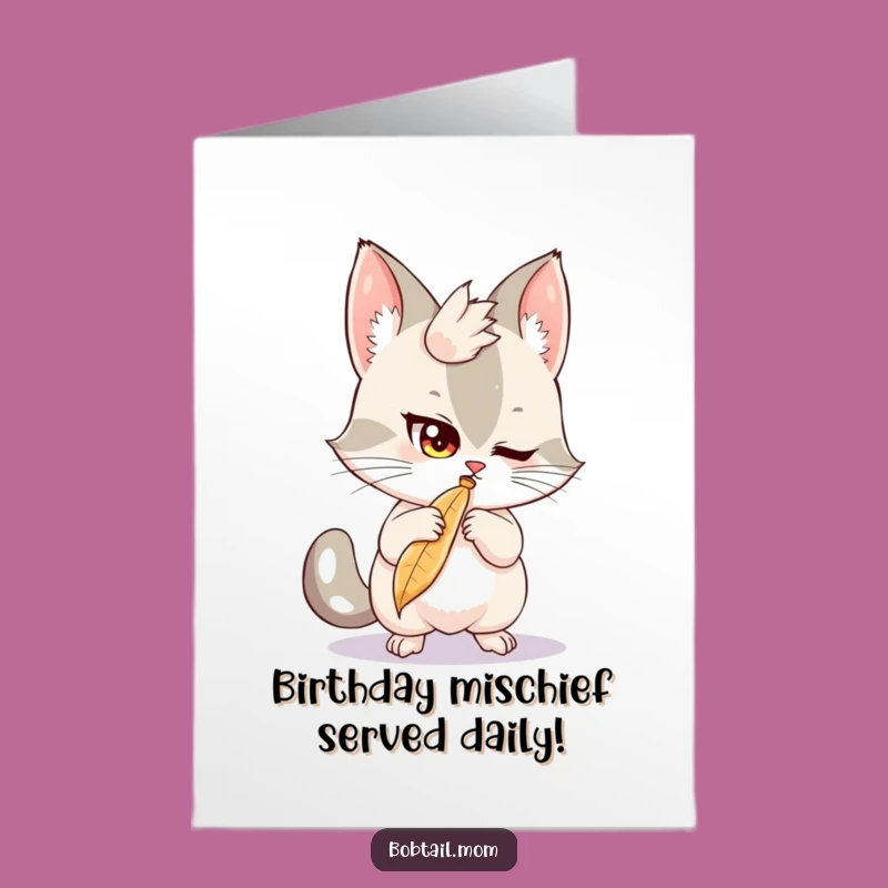 Free Printable Birthday Card: Mischievous Bobtail & Feather, Funny Downloadable Gift!