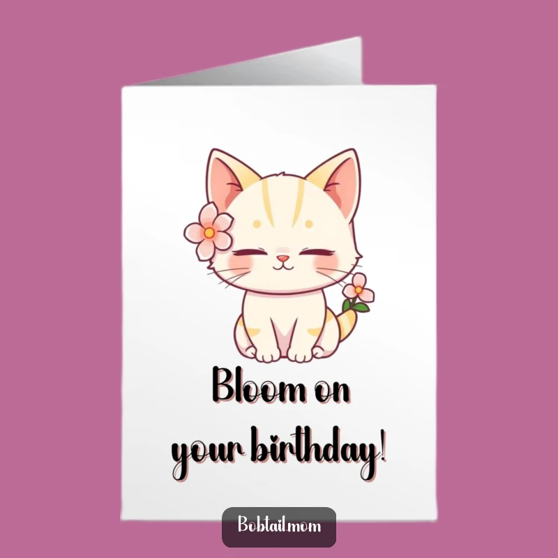 Free Printable Bobtail Cat Birthday Card: Floral Cat Serene Funny Downloadable Gift