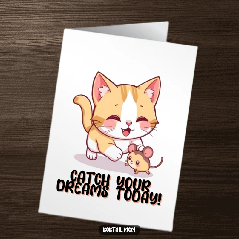 Funny Free Printable Birthday Card: A jolly Bobtail cat in mid-air, playfully pouncing on a toy mouse.