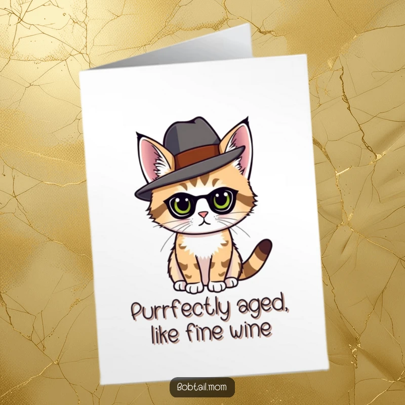 Funny free printable birthday card: A bobtail cat in a fashionable hat poses with regal elegance, celebrating in style.