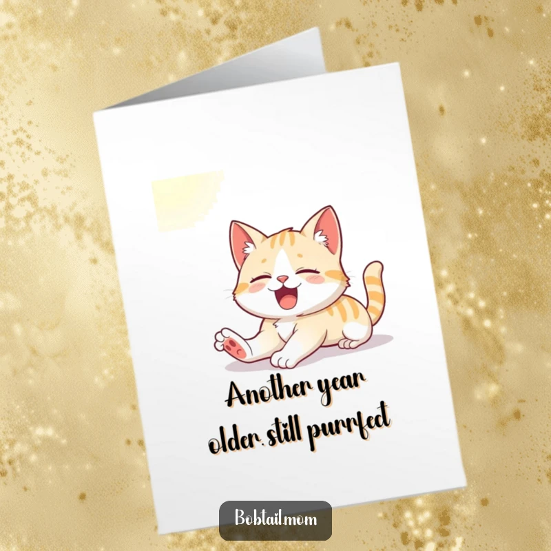 Funny Free Printable Birthday Card: A cute Bobtail cat stretches widely, yawning contentedly in a warm sunbeam.