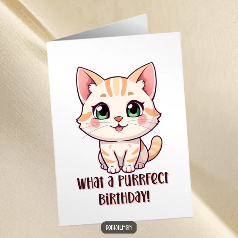Funny Free Printable Birthday Card: A happy Bobtail cat looking curiously at the viewer.