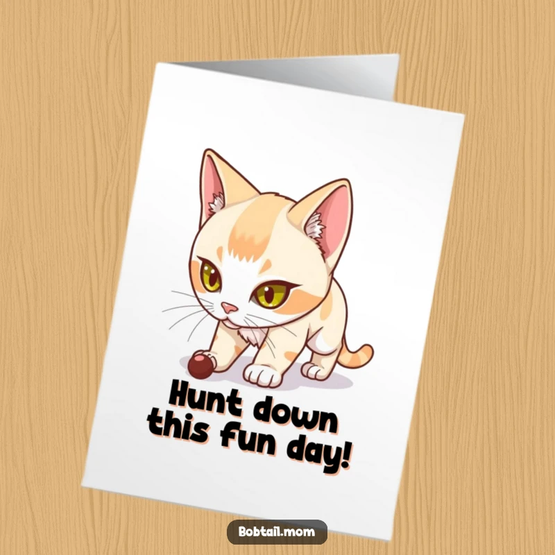 Funny Free Printable Birthday Card: A Bobtail cat with a determined look, stalking an imaginary prey, ready to pounce.