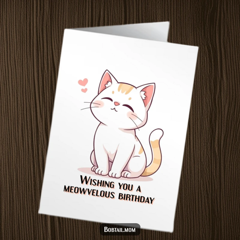 Funny Free Printable Birthday Card: A Bobtail cat with a gentle tail swish, offering a soft, friendly meow.