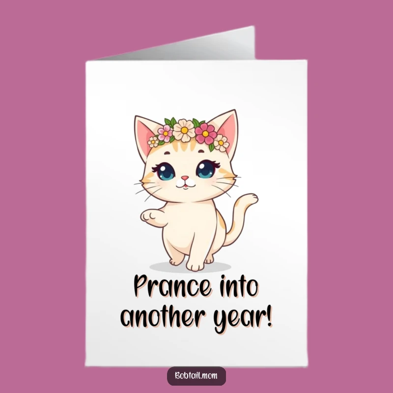 Free Printable Birthday Card: Joyful Bobtail Cat In Flower Crown - Prancing - Gift