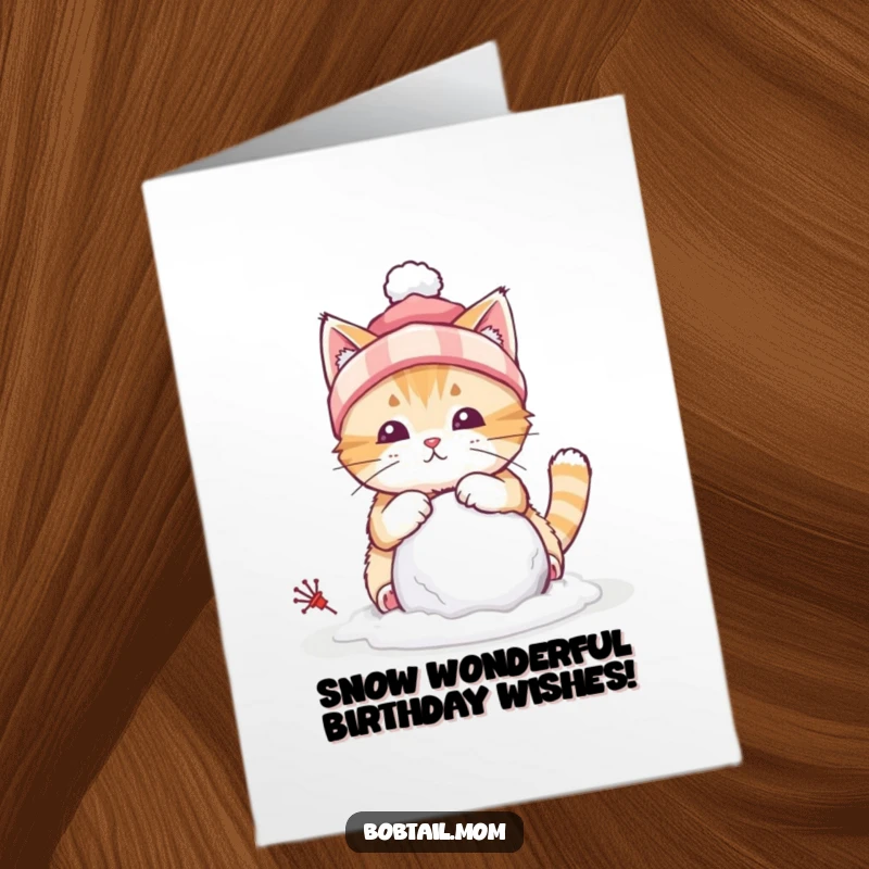 Funny Free Printable birthday card showing a bobtail cat wearing a winter hat, happily building a small snowball in the snow.