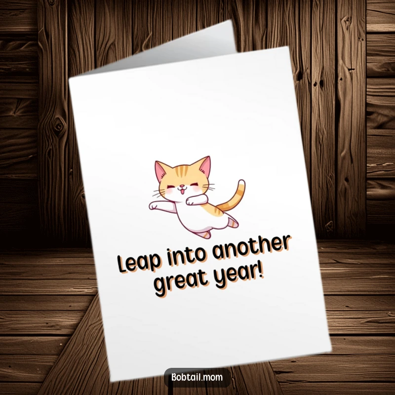 Funny Free Printable Birthday Card: Bobtail cat wearing ballet slippers, mid-leap, celebrating a birthday with grace and humor, downloadable.