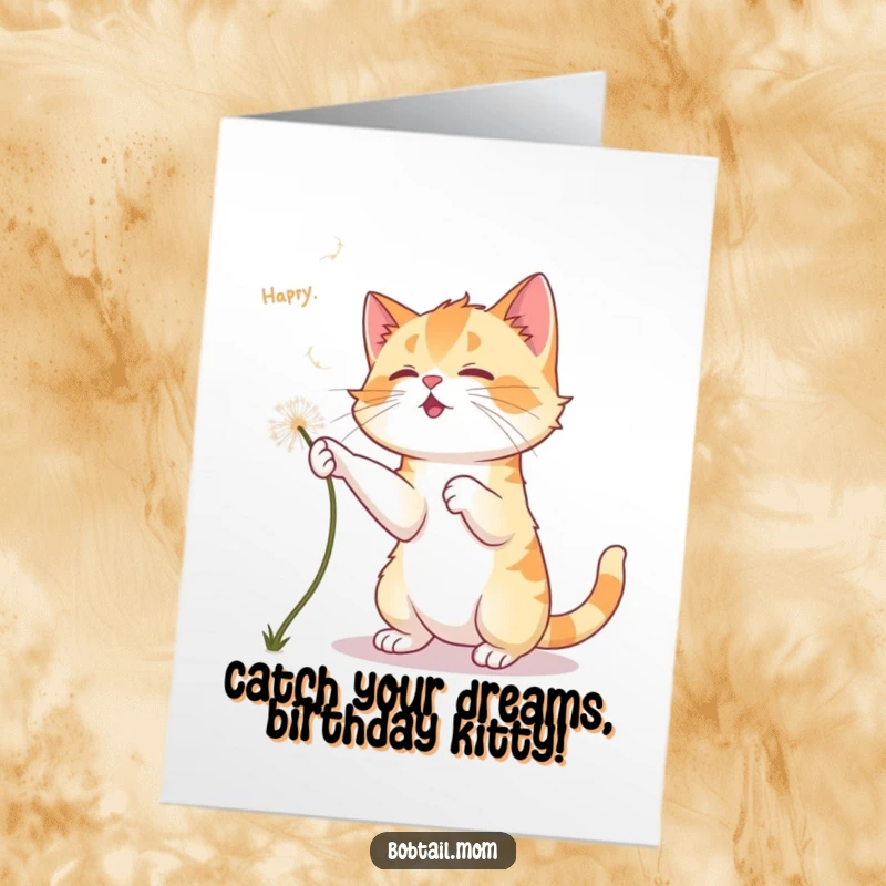 Funny Free Printable Birthday Card: Bobtail cat playfully chases falling dandelion fluff, celebrating birthday.