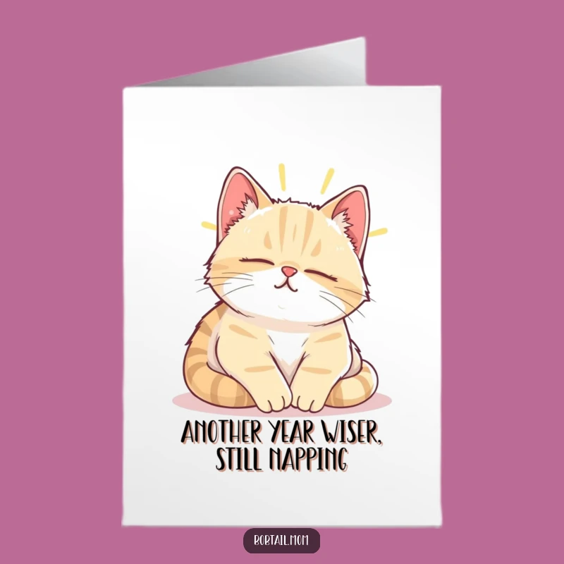 Free Printable Bobtail Cat Birthday Card: Funny Napping Cat Sunbeam Card for Cat Lovers