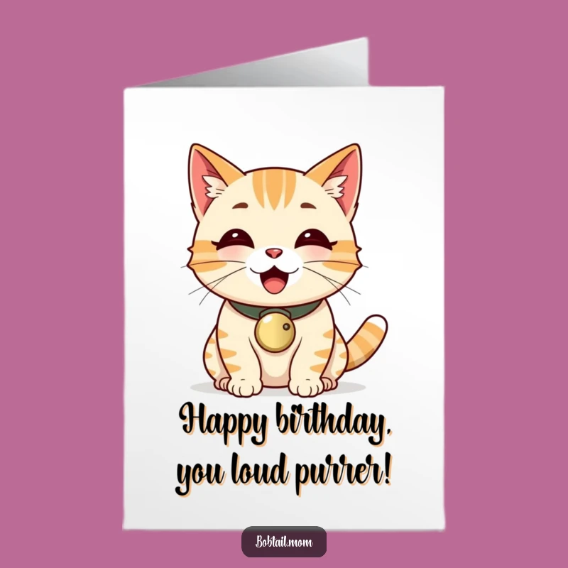 Free Printable Bobtail Cat Birthday Card: Funny Purring Cat Bell Collar Card for Joyful Celebrations