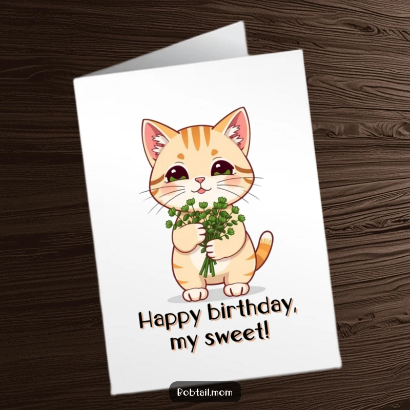 Funny Free Printable Catnip Cat Birthday Card: Bobtail cat carrying a miniature bouquet of catnip, spreading joy.