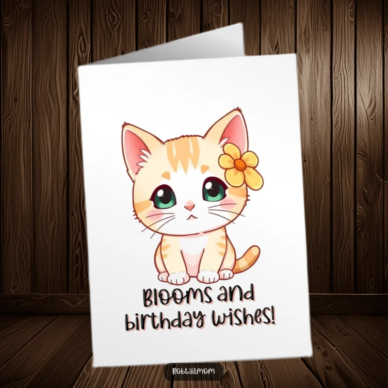 Cute Free Printable Birthday Card: Bobtail cat wearing a bright flower behind its ear, looking curiously at birthday wishes.