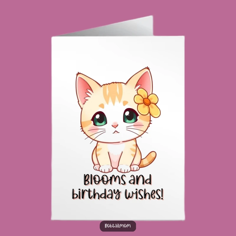 Free Printable Floral Bobtail Cat Birthday Card - Cute DIY Downloadable Gift for Cat Lovers