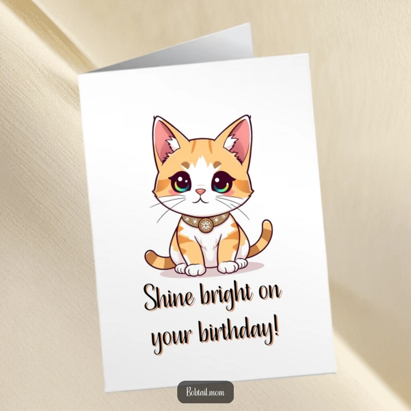 Funny Free Printable Birthday Card: Bobtail cat in a sparkly collar, surveying the room with regal attitude for a birthday, downloadable.