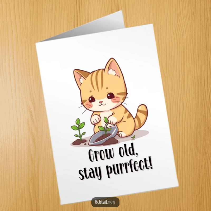 Funny Free Printable birthday card featuring a bobtail cat with a gardening trowel planting a small sprout, wishing happy growth.