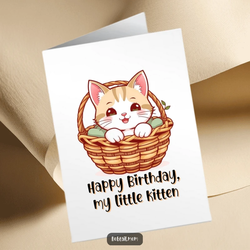Funny Free Printable Birthday Card: A cheerful Bobtail cat peeks playfully from the comfort of a cozy basket.