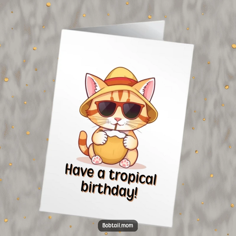Funny Free Printable birthday card showing a bobtail cat wearing a sun hat, relaxing with a coconut drink.