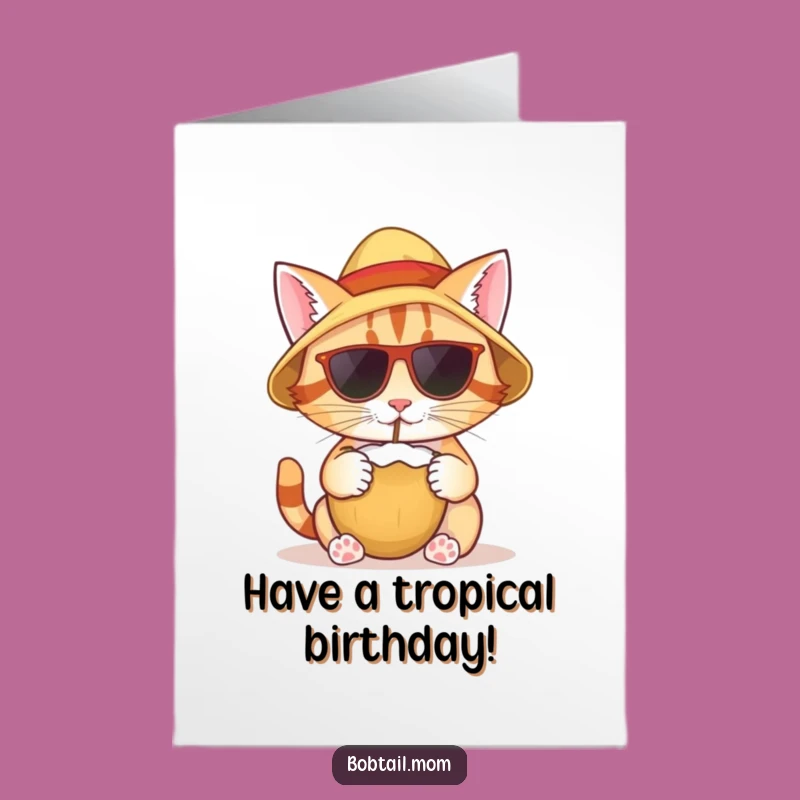 Free Printable Birthday Card: Tropical Bobtail Cat With Sun Hat - Coconut Drink - Gift